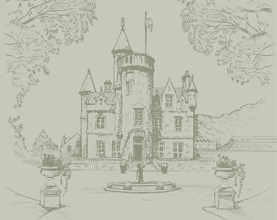 Hand-drawn illustration of Carlowrie Castle, framed by trees